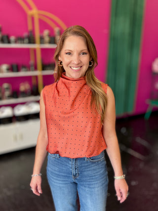 Burnt Orange & Black Polka High Neck Top