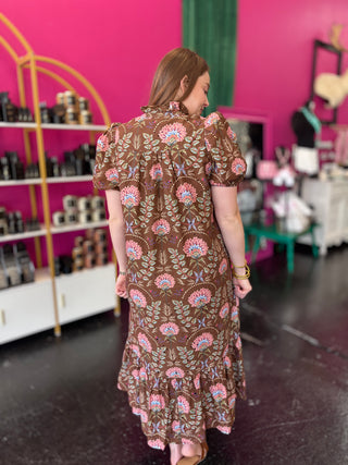 Brown Fall Floral Midi Dress