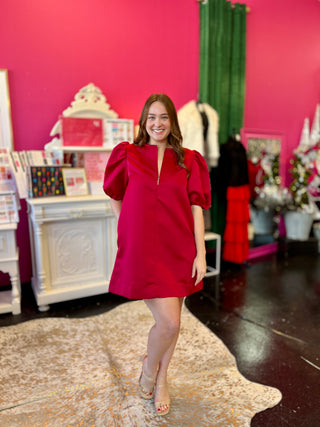 Deep Red Satin Puff Sleeve Dress
