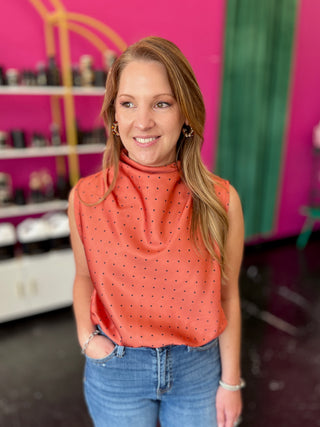 Burnt Orange & Black Polka High Neck Top