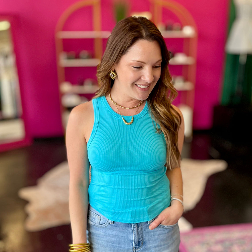 Aqua Blue High Neck Ribbed Top