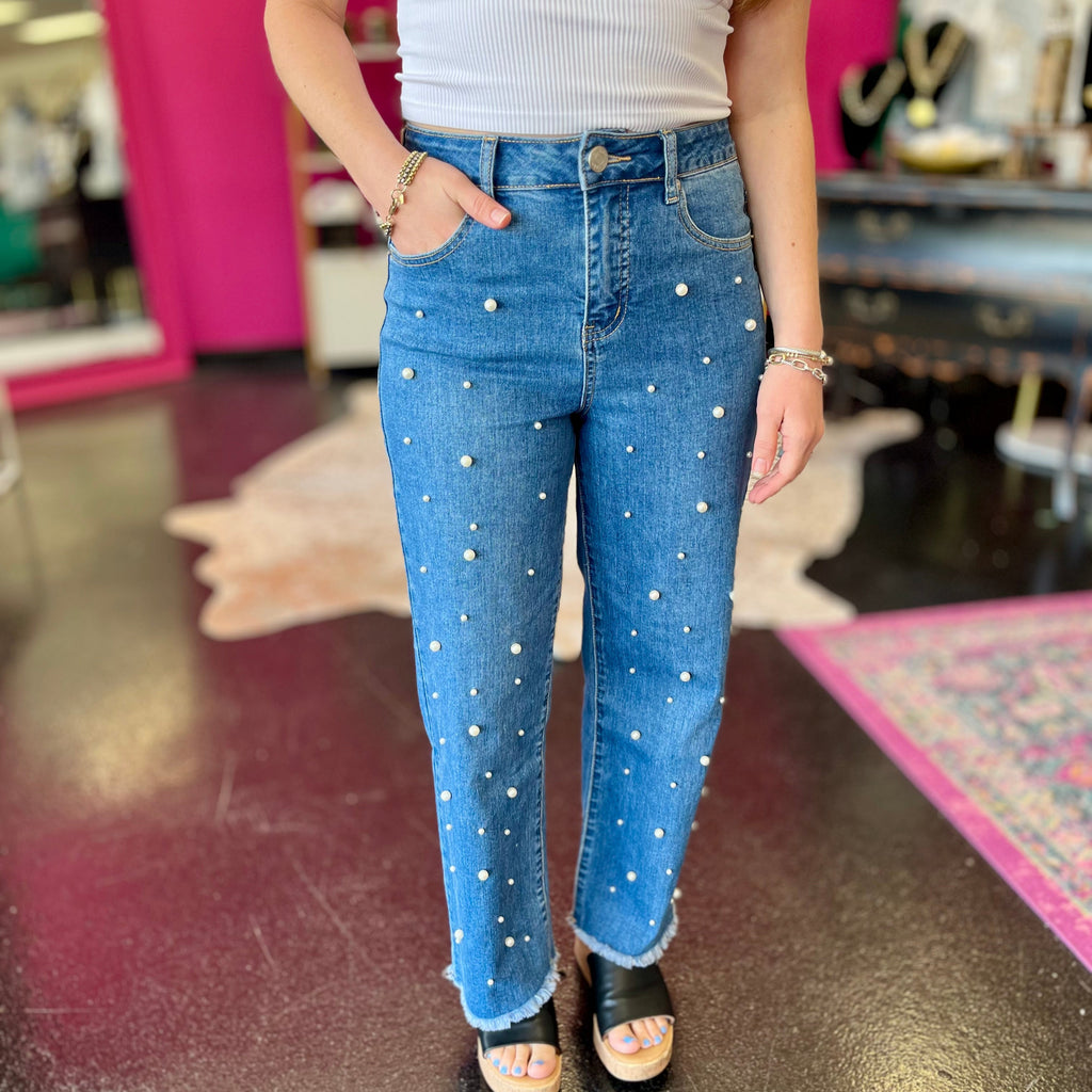 Denim & Scattered Pearl Straight Leg Jeans