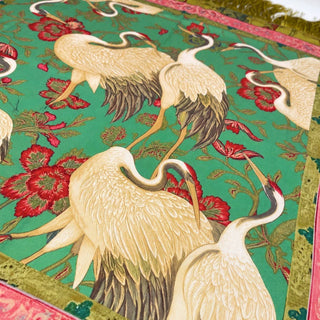 Green Crane Floral Print Fringed Square Scarf