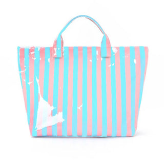 Blue & Pink Striped Vinyl Lg Tote Bag