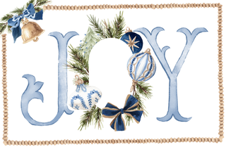 Decorative sign with 'JOY' letters surrounded by Christmas elements on a white background.