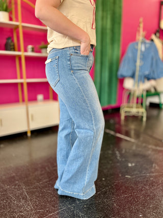 Light Medium Front Seam Denim Flare Jeans