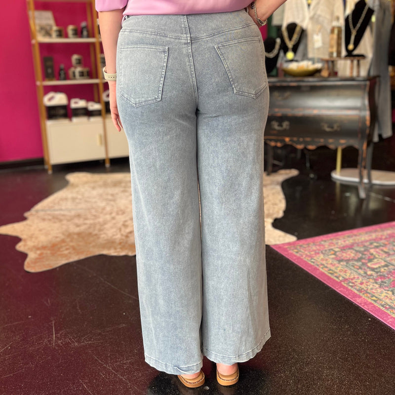 Light Blue Denim & Pearl Detail Wide Leg Jeans