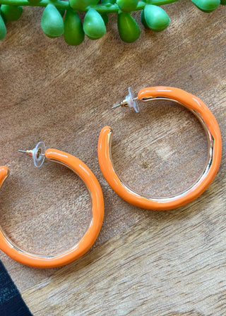 Orange Enamel & Gold Lg Hoop Earrings