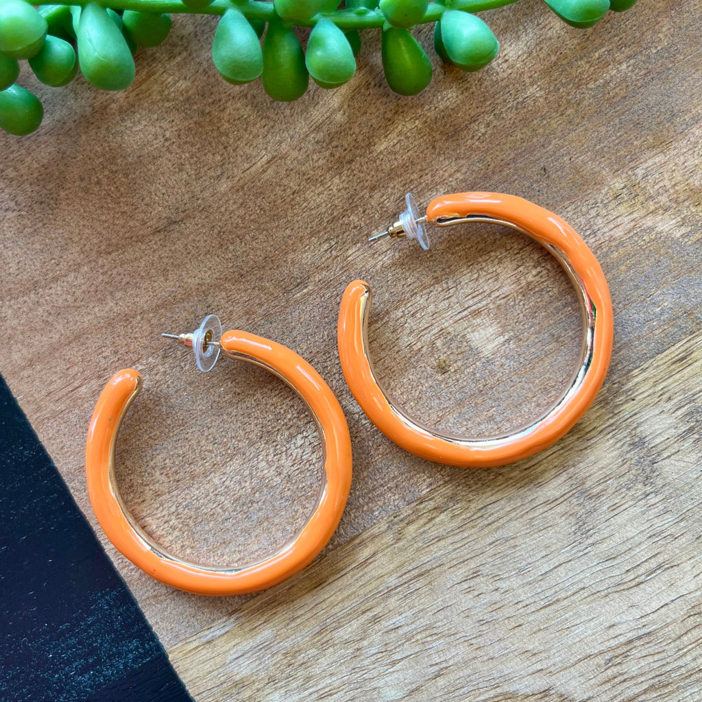 Orange Enamel & Gold Lg Hoop Earrings
