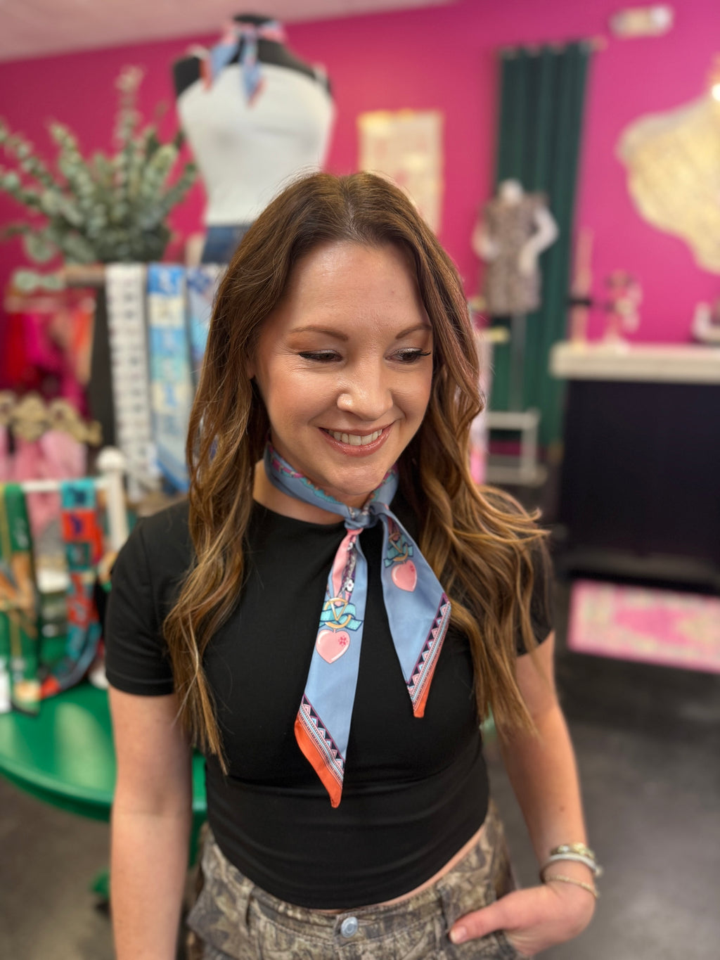 Blue & Pink Ribbon Print Twilly