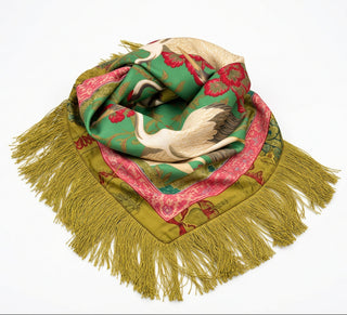 Green Crane Floral Print Fringed Square Scarf
