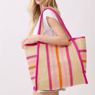 Hot Pink Oversized Striped Straw Braided Tote Bag