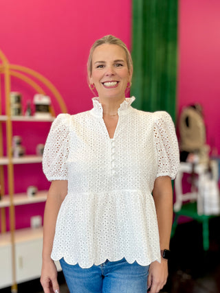 White Eyelet Peplum Top