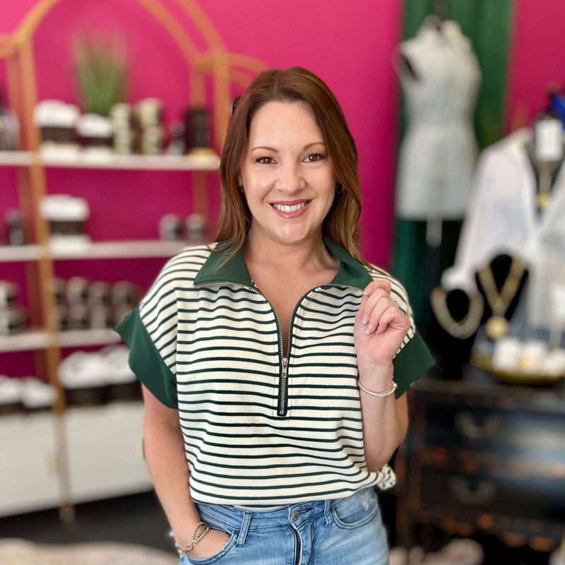 Dark Green & White Striped Half Zip Top