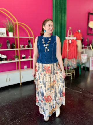 Denim Cactus Mesh Maxi Skirt