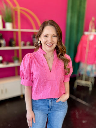 Bright Pink Solid Floral Embroidery Top