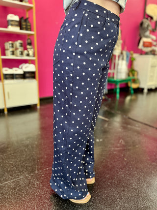 Navy & White Polka Dot Wide Leg Pants
