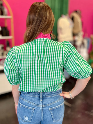 Green Gingham & Pink Top