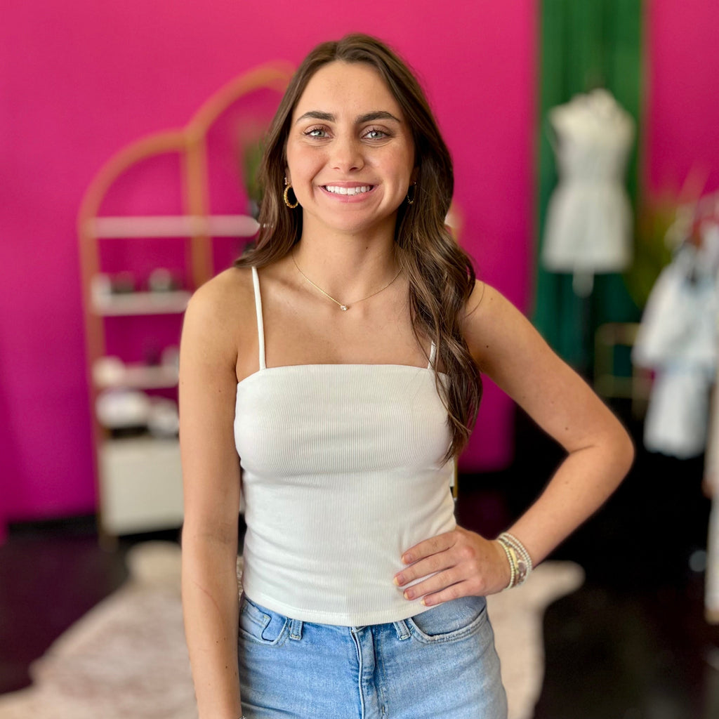 White Ribbed Knit Straight Cami