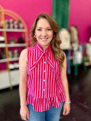 Red & Pink Striped Tie Neck Top