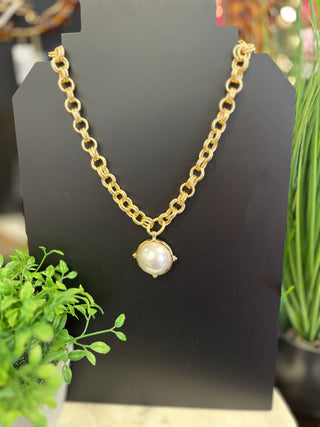 Big Pearl & Gold Double Chain Necklace