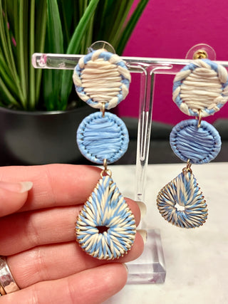 Light Blue & Cream Raffia 3 Shape Earrings
