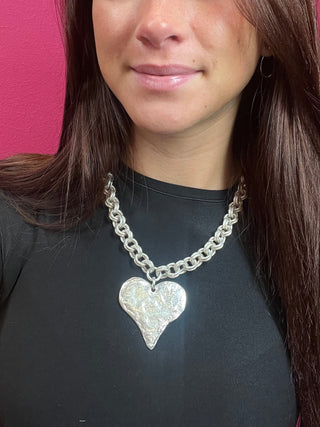 Silver Hammered Heart Link Necklace