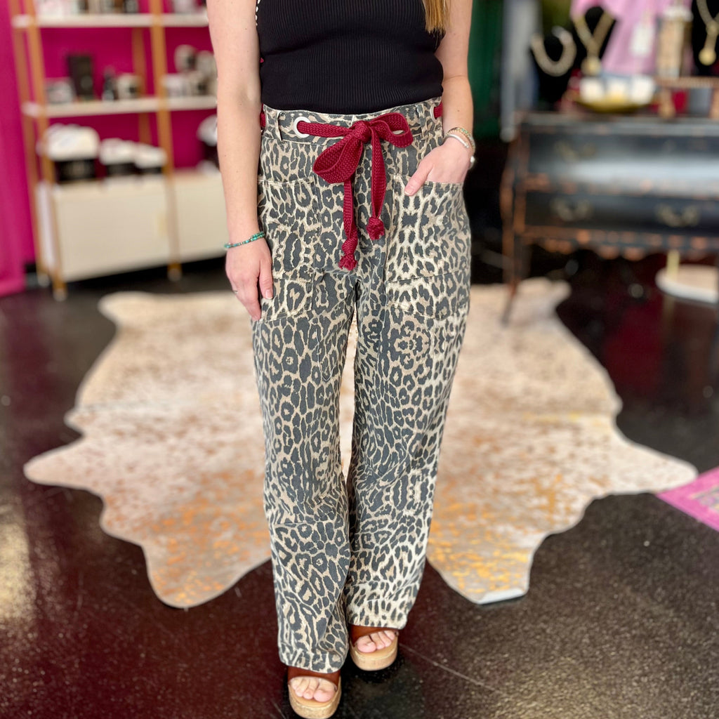 Leopard & Maroon Belt Barrel Jean