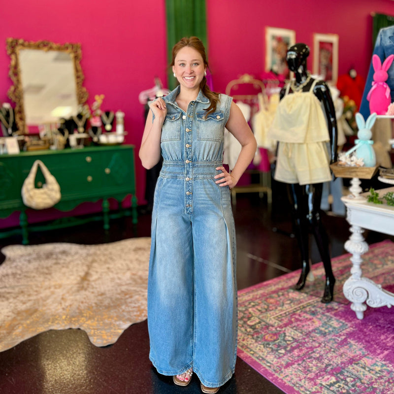 Washed Denim Wide Leg Jumpsuit