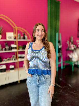 Blue Striped Knit Ruffle Top