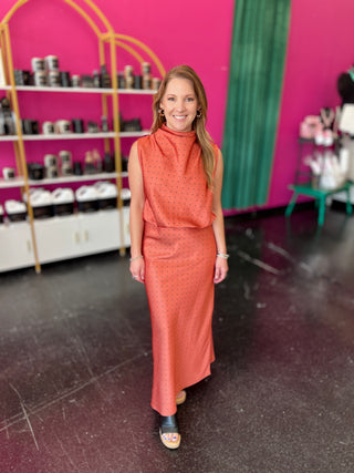 Burnt Orange & Black Polka Satin Skirt