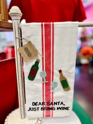 Dear Santa, Bring Wine Beaded Tea Towel
