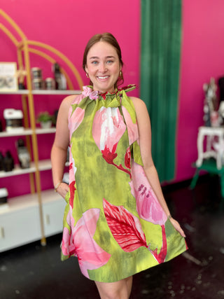 Lime Green & Pink Abstract Floral Dress