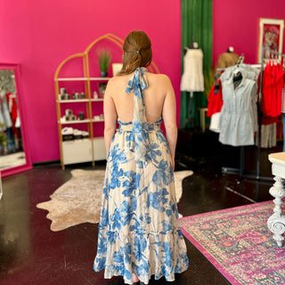 Cream & Blue Floral Maxi Dress