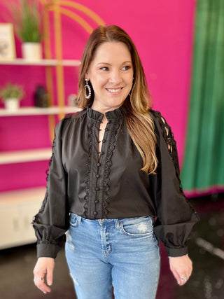 Black lace cut out sleeve top 