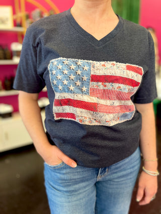 American Flag Quilt Printed Navy Tee