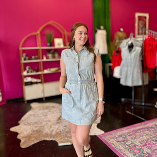 Denim Striped Front Pocket Dress