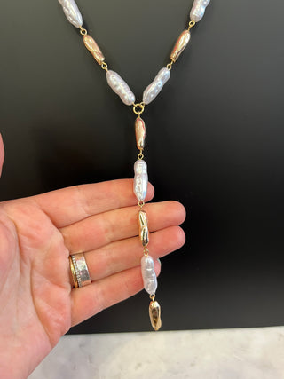 Gold & Mother of Pearl Stone Lariat Necklace