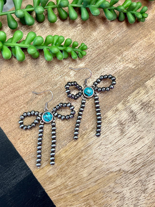 Silver Faux Pearl & Turq Bow Earring