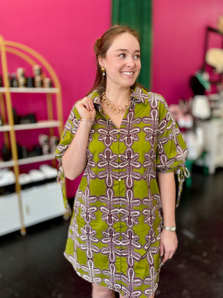 Chartreuse Print 3/4 Sleeve Dress