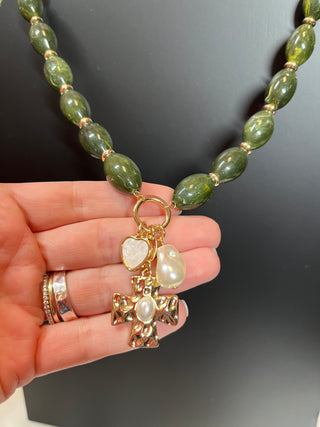 Olive Green Beaded Charm Pendant Necklace