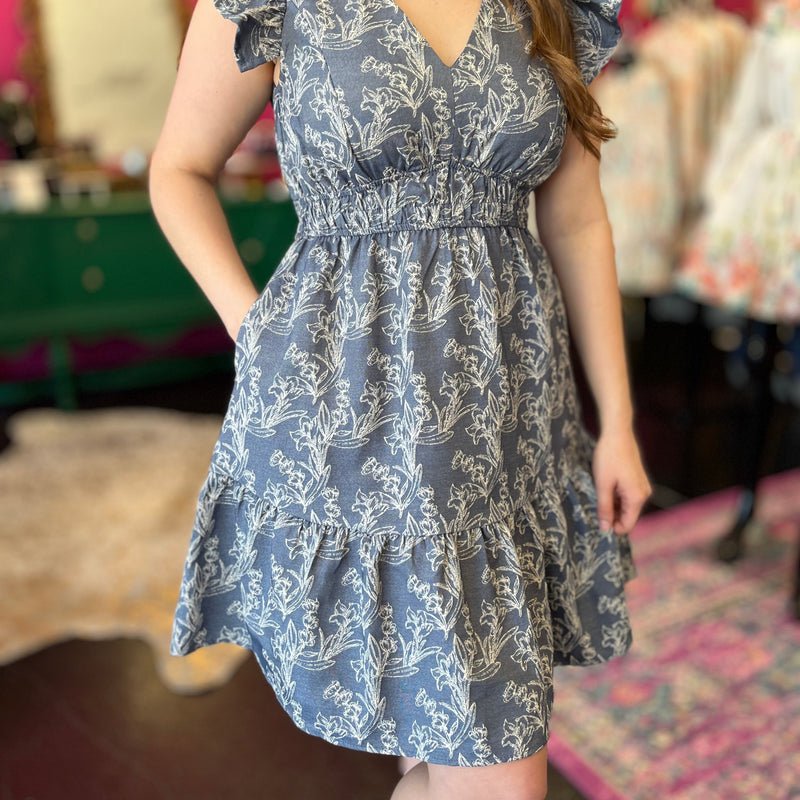 Denim & White Floral Print Dress