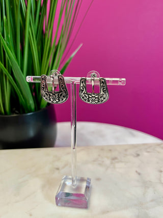 Silver Western Scroll Buckle Earrings
