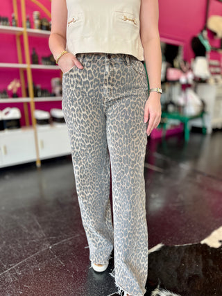 Leopard High Rise Wide Leg Denim Jeans