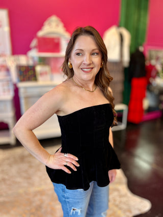 Black Velvet Strapless Peplum Top