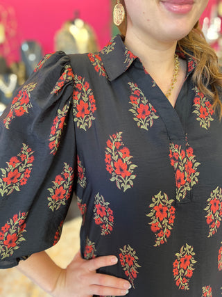 Black & Red Floral Print Dress
