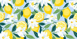 Pattern of lemons, leaves, and flowers on a blue background