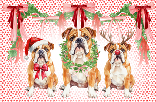 Three bulldogs in Christmas-themed outfits on a red polka dot background with bows and wreaths.