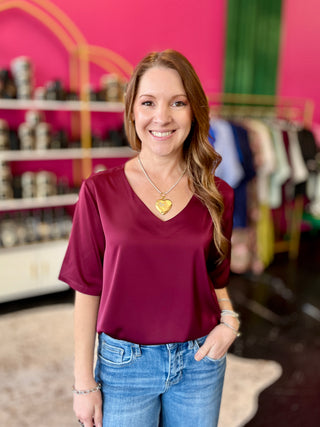 Maroon Satin VNeck Top