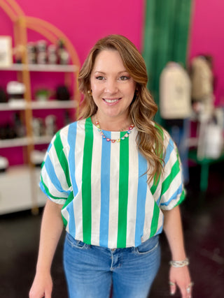 Green, Blue, & White Striped Top